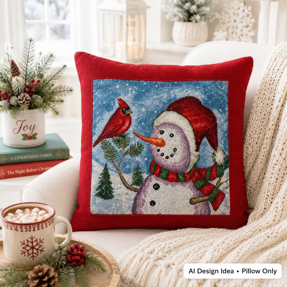 🐦☃️❄️Vintage Snowman Cardinal Christmas Throw Pillow Red Gingham Reversible 15"